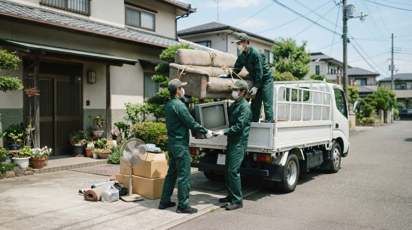 住宅前で家具を運ぶ様子を描いたサービスイメージ
